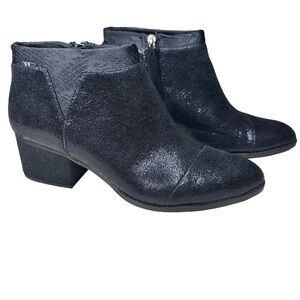Toms Loren Black Crackle Shimmer/ Textile  Block Heel Ankle Booties. Size 9.5